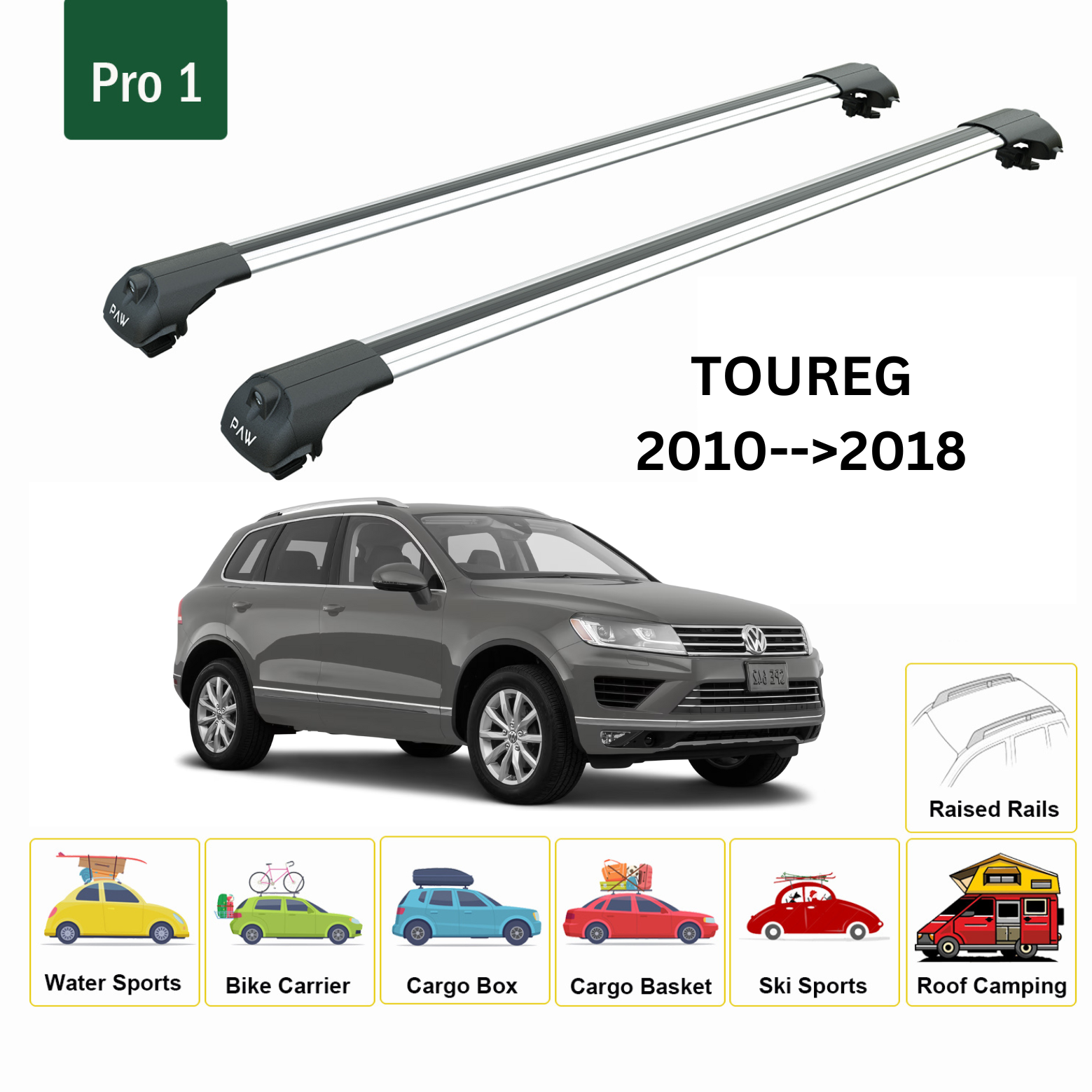 For Volkswagen Toureg 2010-->2018 Roof Rack System, Aluminium Cross Bar, Metal Bracket, Raised Rail, Silver For Volkswagen Toureg 2010-->2018 Roof Rack System, Aluminium Cross Bar, Metal Bracket, Raised Rail, Silver